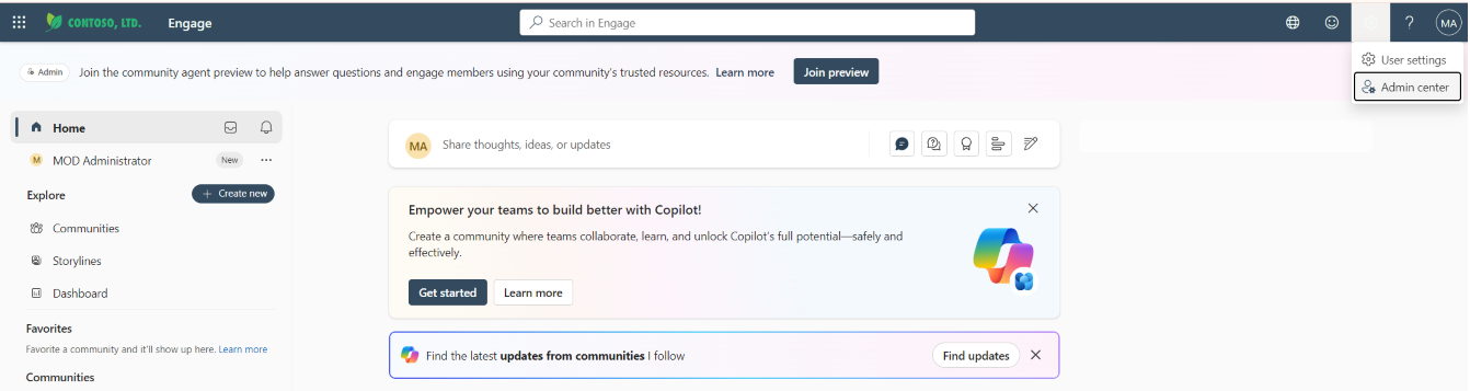 Screenshot shows the entry point to the Viva Engage admin center on the web at engage.cloud.microsoft/main/admin.