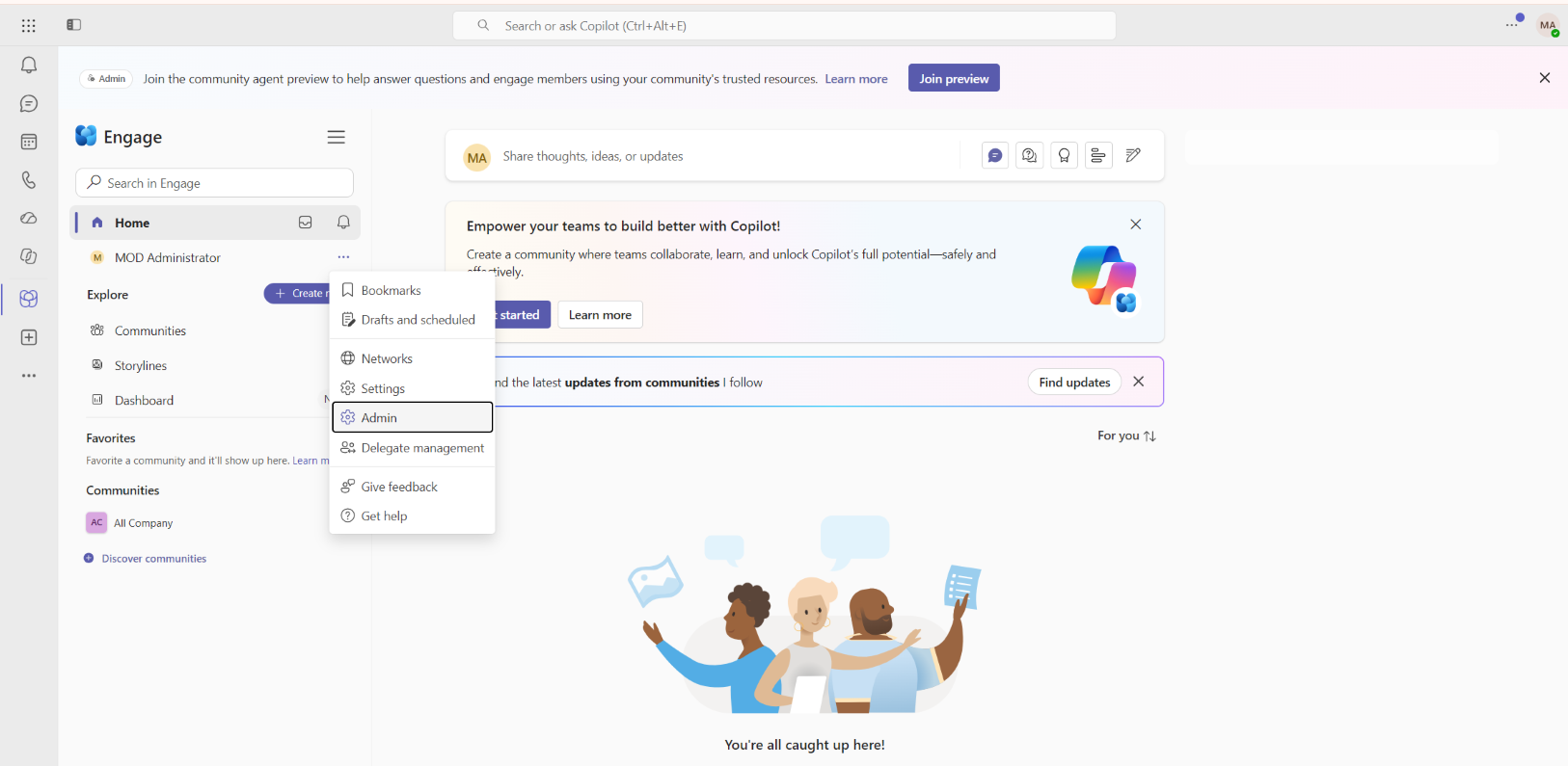 Screenshot shows the entry point to the Viva Engage admin center on Teams.