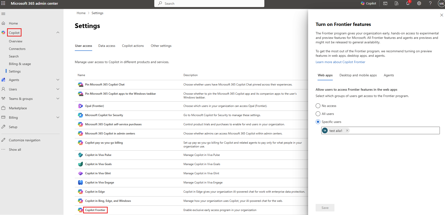 Screenshot of the Frontier user configuration.