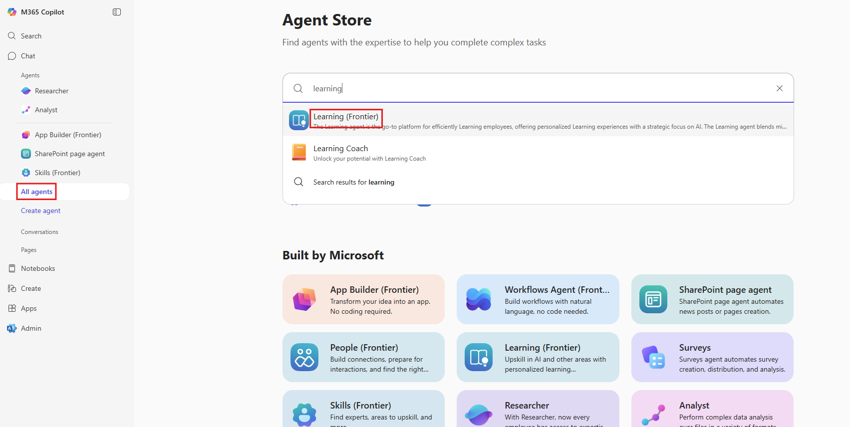 Screenshot that shows the All agents option selected.