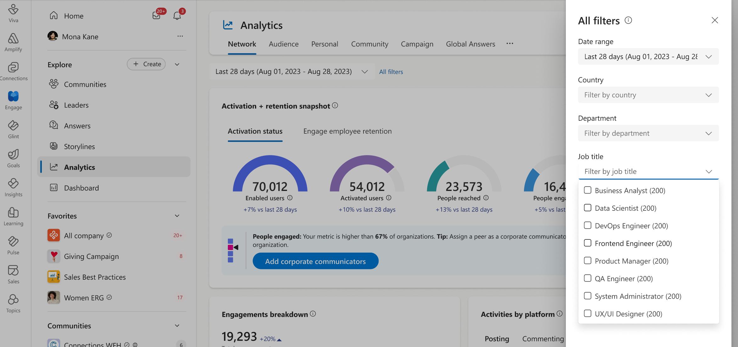 Selecting a single Country (as an example) winnows down the following Department and Job title lists to those for that specific country.