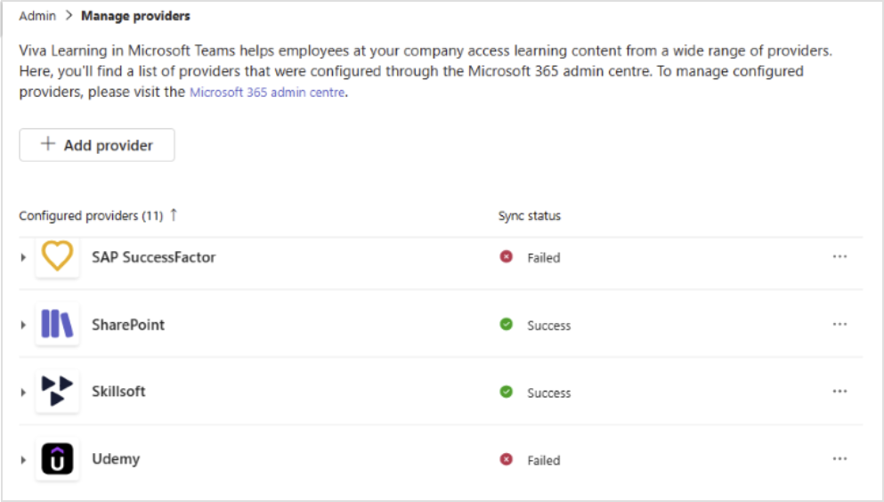 Screenshot of the Manage providers dashboard with the list of configured providers and the option to add a provider.