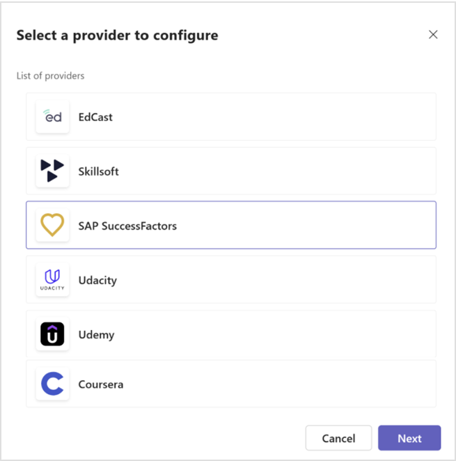 Screenshot of the select provider configuration option with a list of providers. SAP SuccessFactors is selected