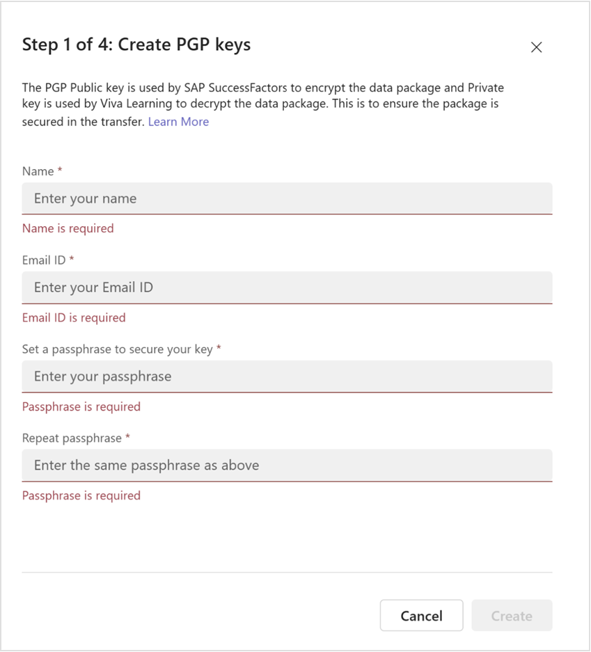 Screenshot of the Create PGP keys screen requesting information on name, email id, and key passphrase.