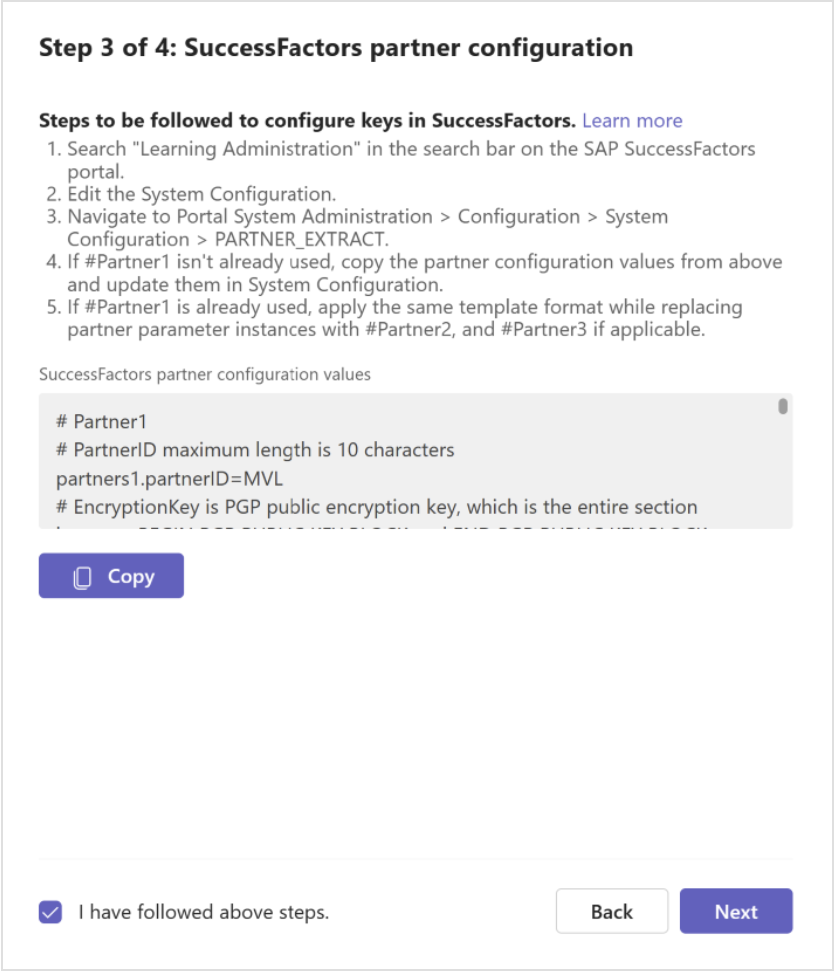 Screenshot of the SuccessFactors partner configuration screen with the configuration values and the option to copy them