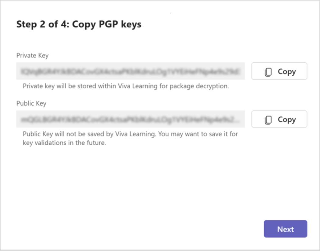 Screenshot of the copy PGP keys screen with the option to copy private and public PGP keys