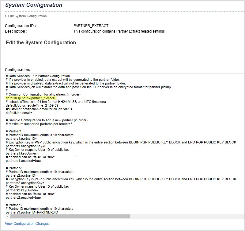 Screenshot of SAP SuccessFactors Learning System Configuration screen with partner extract field highlighted.