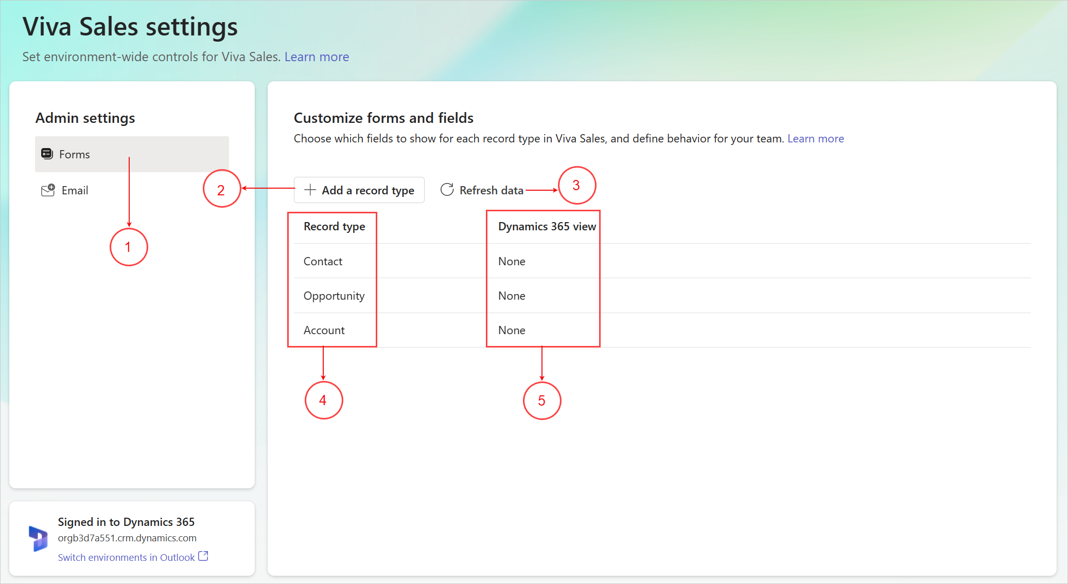 Screenshot showing Copilot for Sales admin settings.
