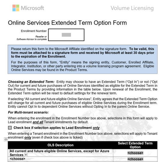 OLS Services Extended Term Option Form.