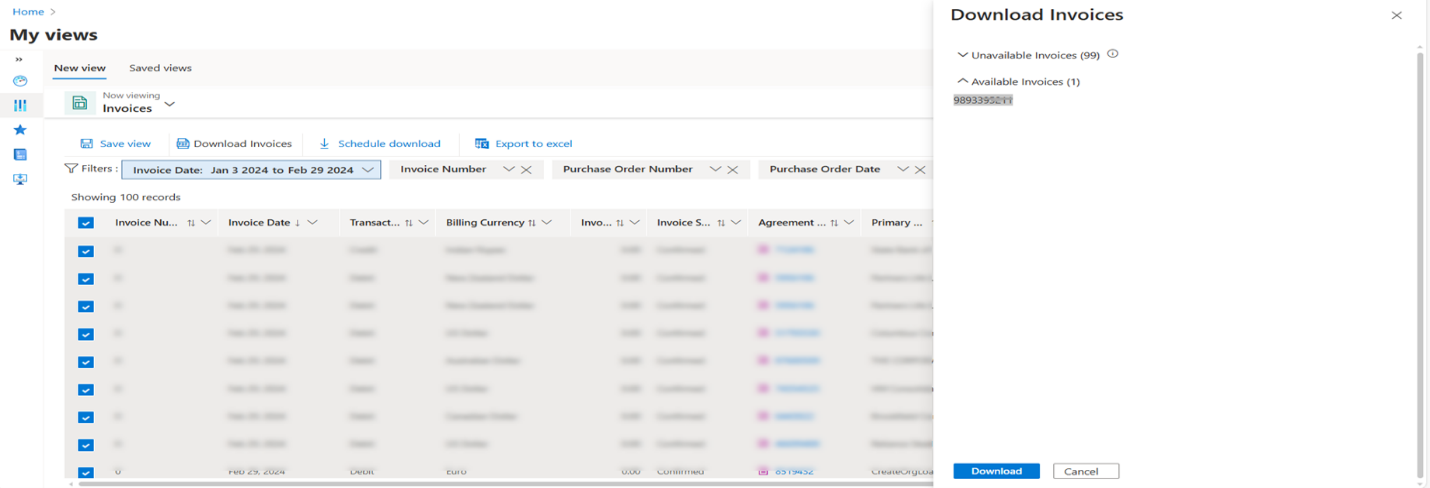 Download invoice pane.