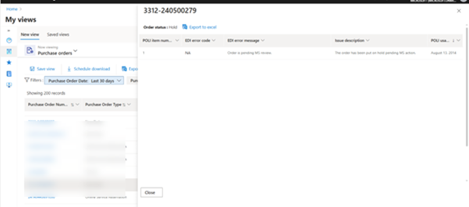 Purchase Order entity report pane view.
