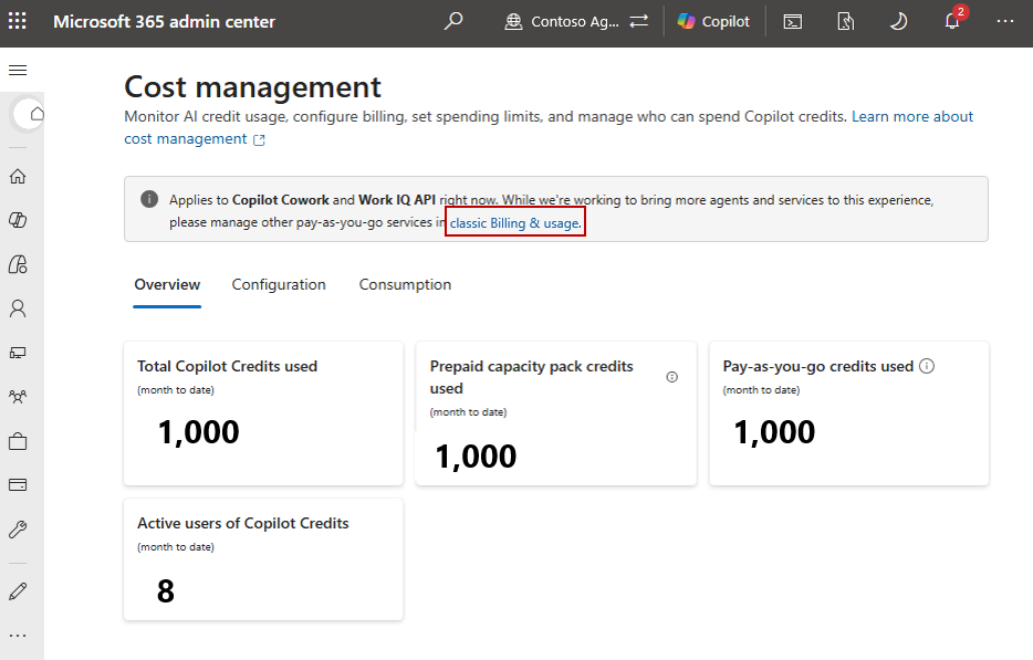 Screenshot of Microsoft Admin Center > Copilot > Cost management.