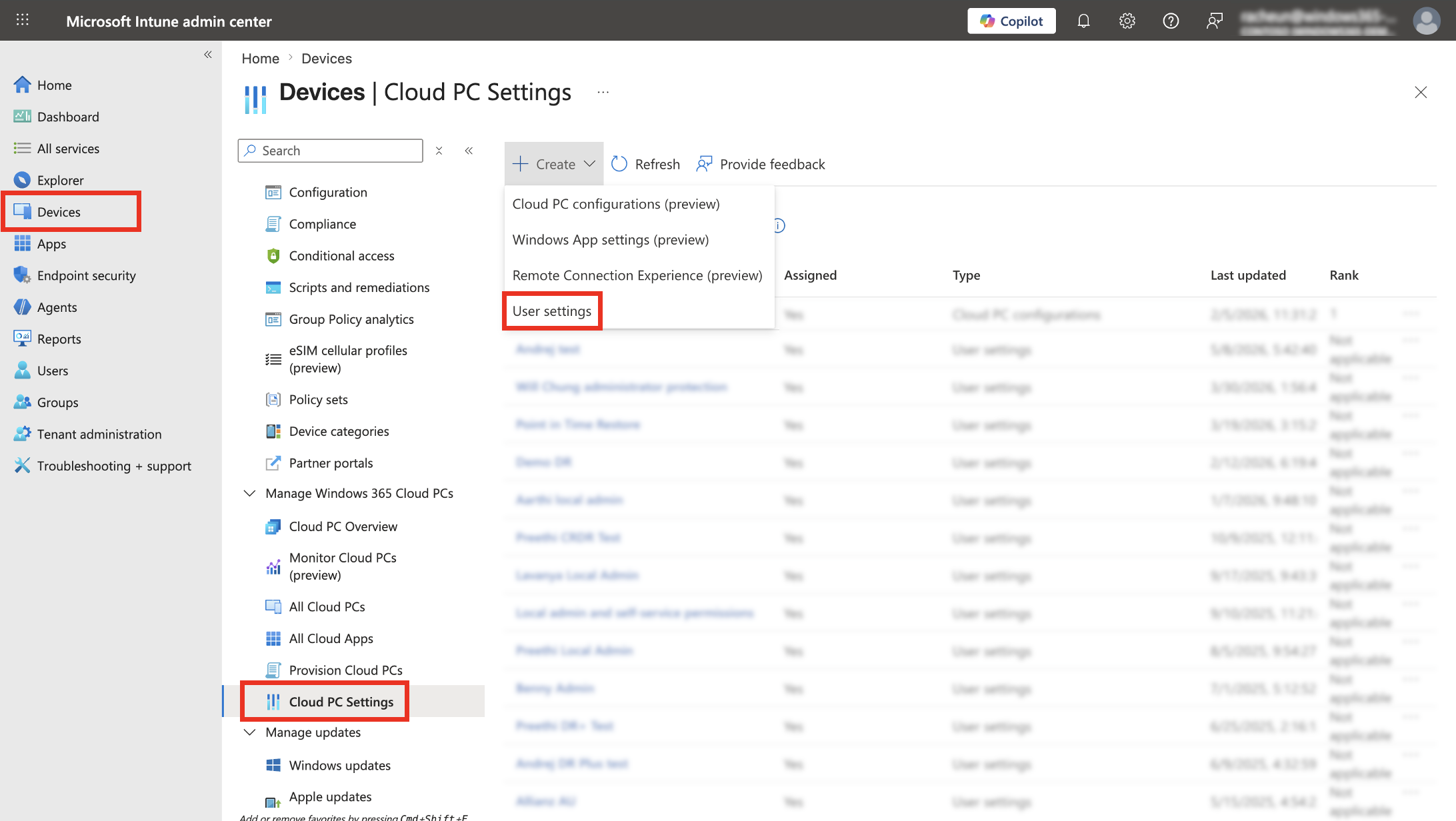 Screenshot that shows User settings in Intune.