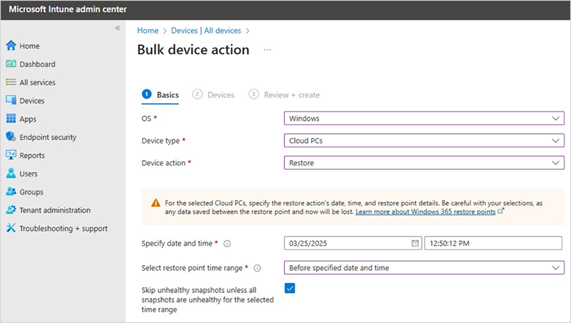 Screenshot of bulk device action restore