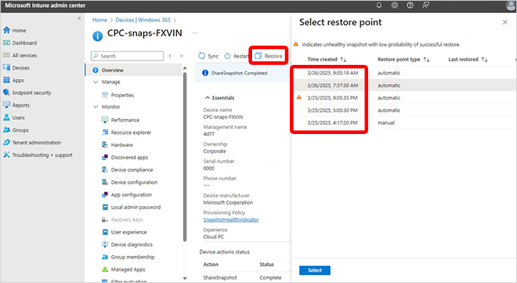 Screenshot of selecting a restore point