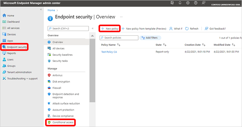 Create conditional access policy screen shot