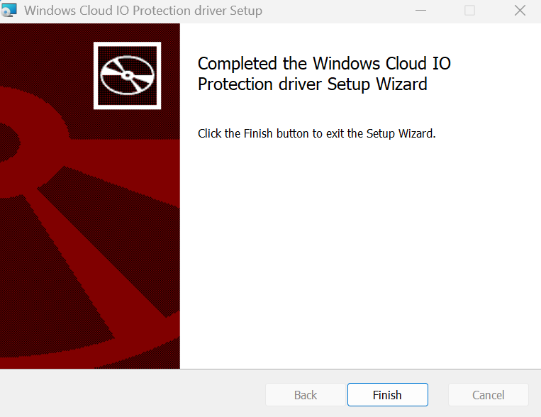 Screenshot after a successful installation of the Windows Cloud IO Protection driver.