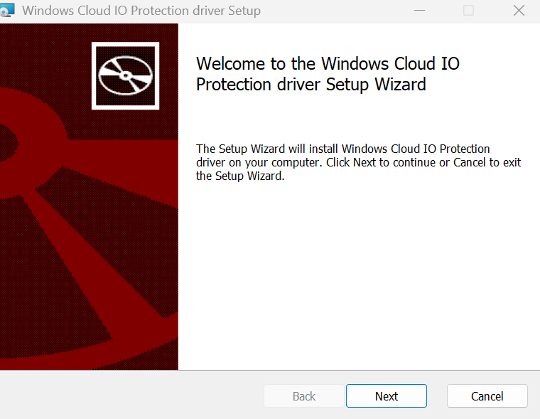 Screenshot of MSI welcome for Windows Cloud IO Protection driver.