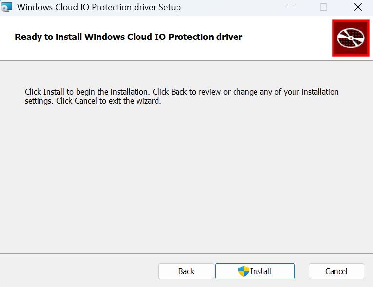 Screenshot of screen to confirm and begin installation of Windows Cloud IO Protection driver.