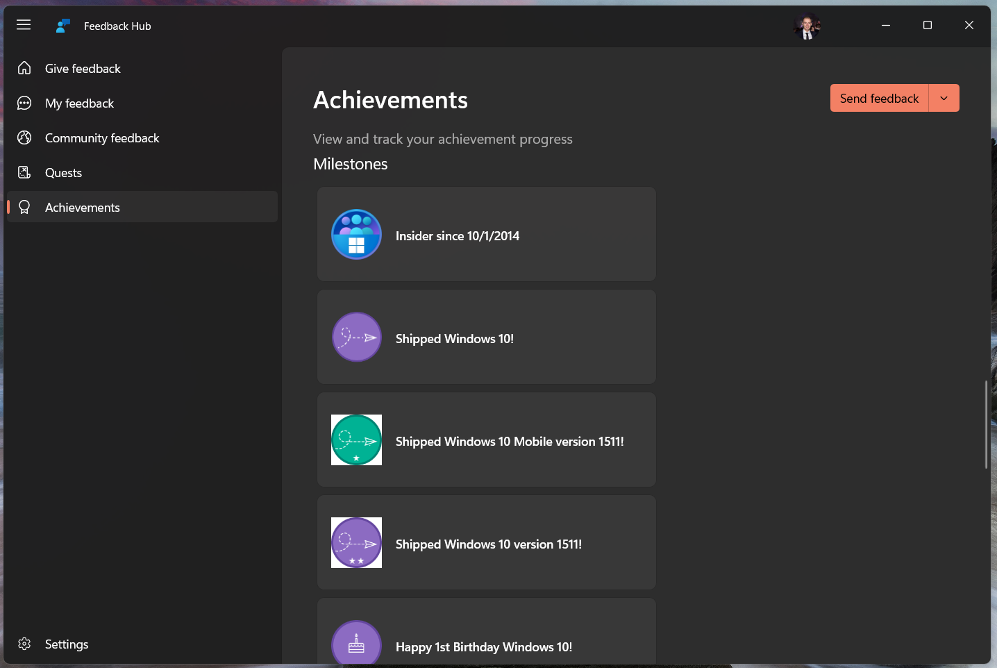 The Achievements section in Feedback Hub.