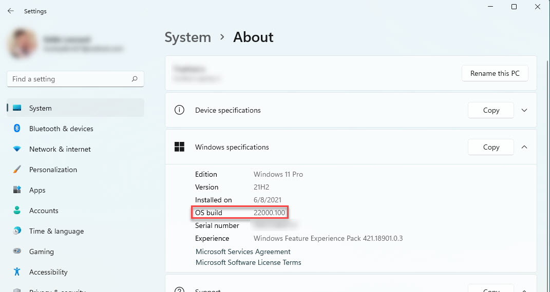 Windows About Settings page. Windows' About Settings, scrolled down to the Windows specifications section to highlight your current OS build.
