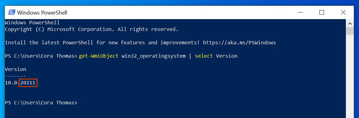 Channels overview and how rings move to them. Windows PowerShell running this command to check your version, highlighting that you're on Build 20211.