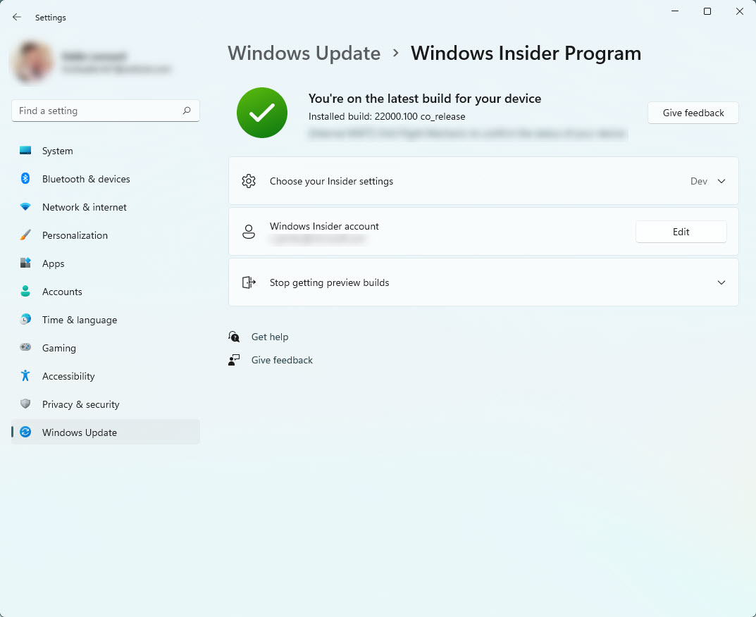 Windows Insider Program Settings page. The Windows Insider Program's section in Settings showing your channel and the Insider account tied to your device.