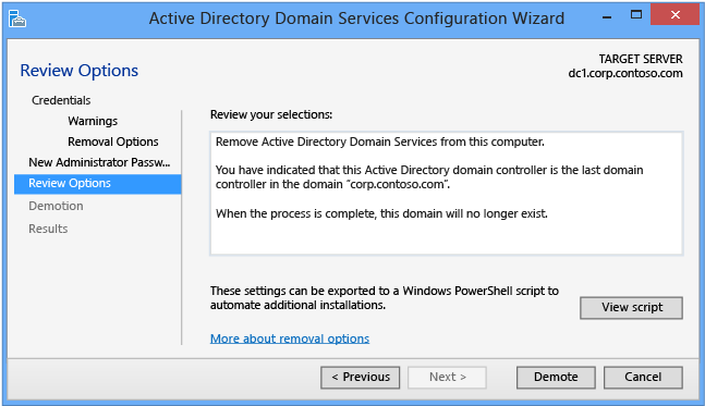 Screenshot that shows the Review Options page of the Active Directory Domain Services Configuration Wizard.