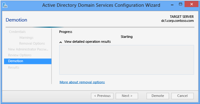 Screenshot that shows the Demotion page of the Active Directory Domain Services Configuration Wizard.
