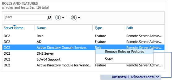 Screenshot that shows the Remove Roles and Features option in Server Manager.