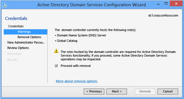 Screenshot that shows the Warnings page of the Active Directory Domain Services Configuration Wizard.