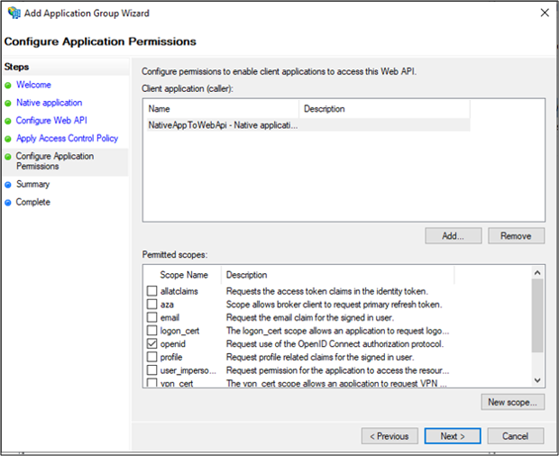 Screenshot of the Configure Application Permissions page of the Add Application Group Wizard showing open I D selected.