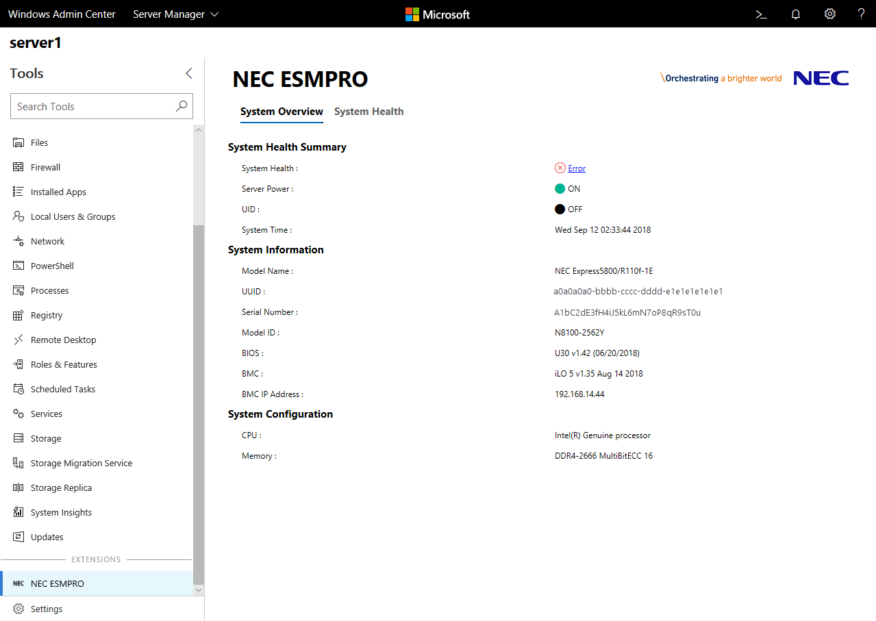 Screenshot of the NEC ESMPRO extension in Windows Admin Center showing the System Overview page.