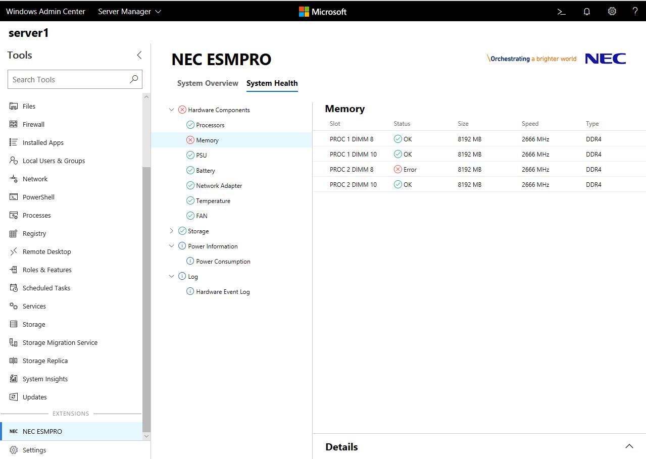 Screenshot of the NEC ESMPRO extension in Windows Admin Center showing the System Health page.