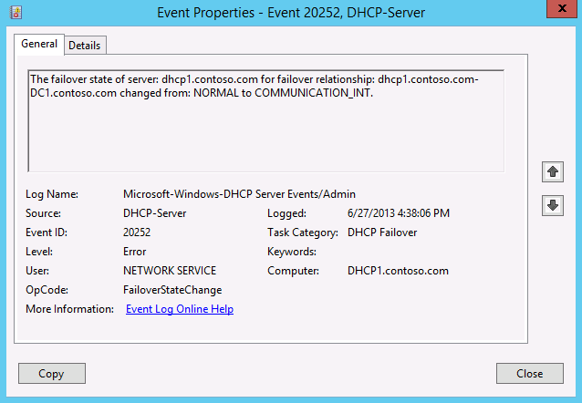 Screenshot of an example DHCP failover administrative event log entry showing details such as Event ID, Date and Time, Computer, User, Description, OpCode, Task Category, and Level.