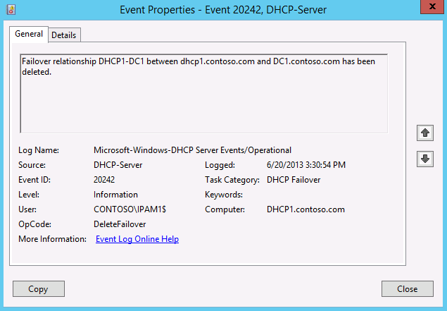 Screenshot of an example DHCP failover operational event log entry showing details such as Event Type, OpCode, and Description.