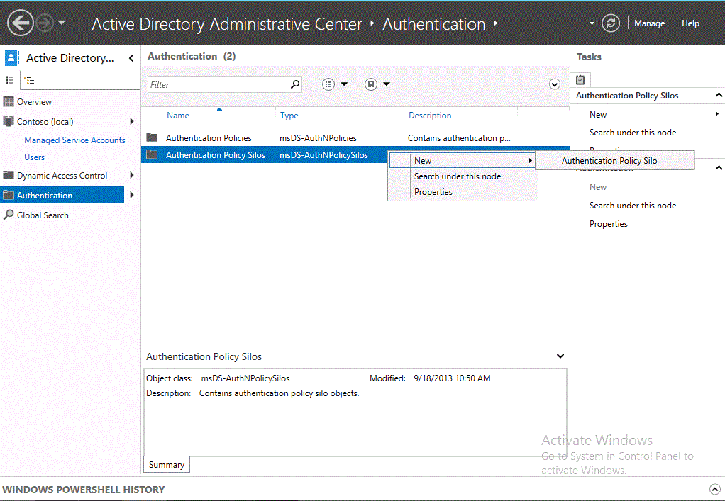 Open Active Directory Administrative Center, click Authentication, right-click Authentication Policy Silos, click New, and then click Authentication Policy Silo