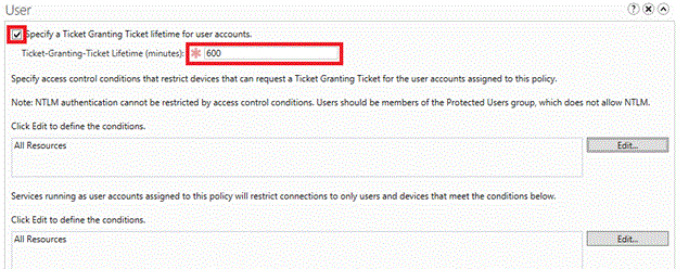 Specify a Ticket-Granting Ticket lifetime for user accounts