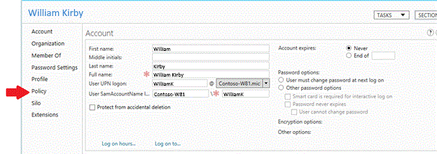 From the User account, click Policy
