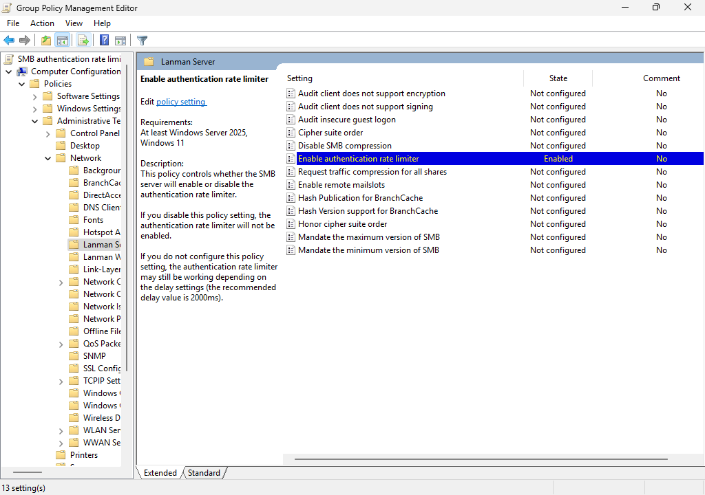 Screenshot showing the Enable authentication rate limiter Group Policy setting.