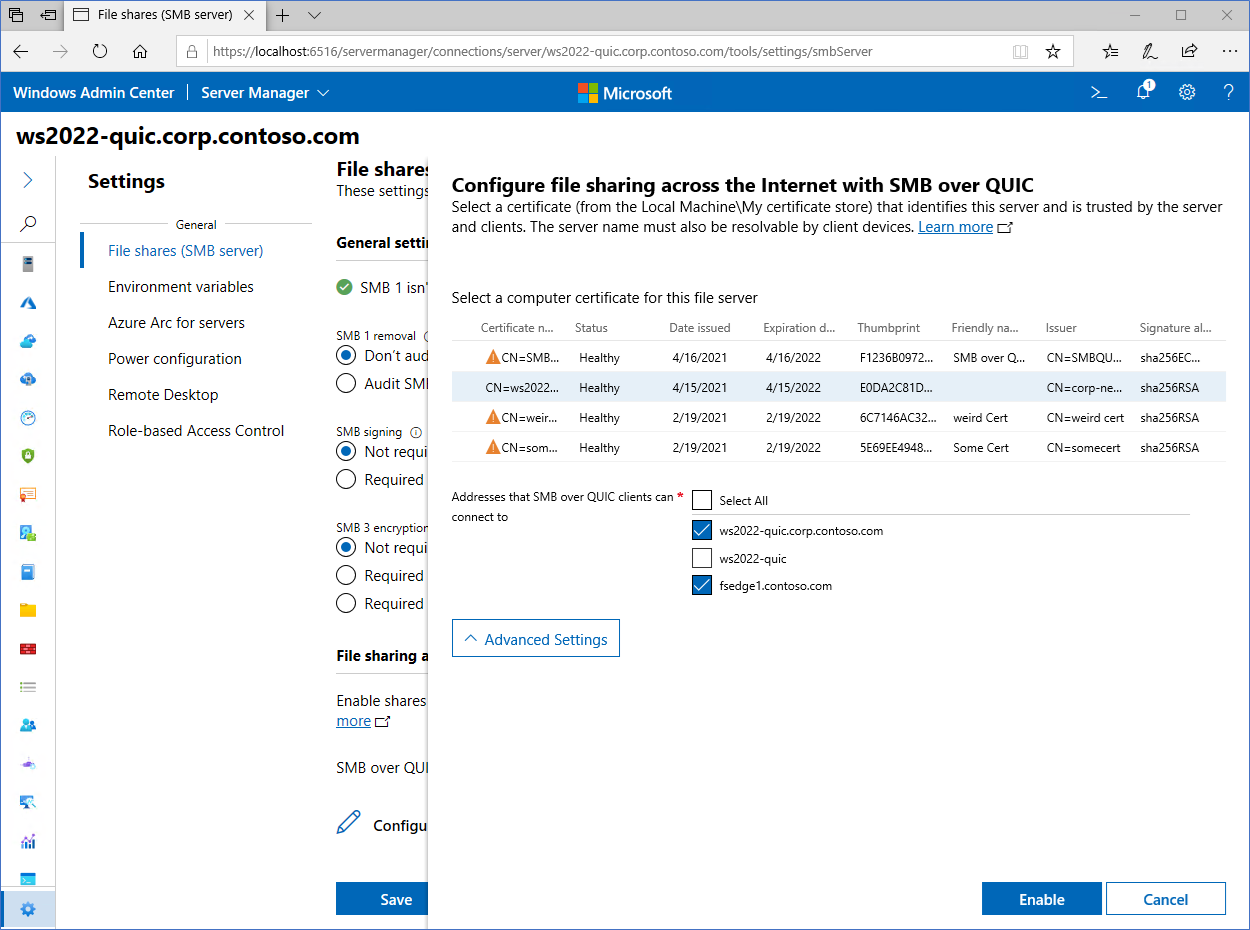 An image showing all of the certificates available for the configured SMB over QUIC setting in Windows Admin Center