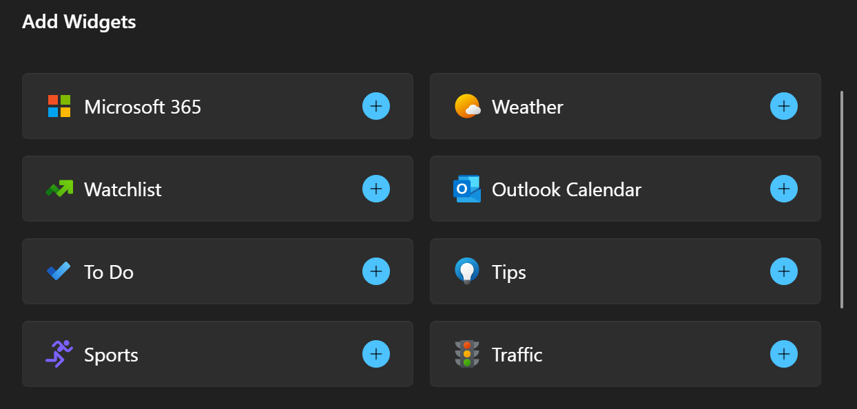 A screenshot of the Add Widget dialog in the Widgets board. It shows two columns of entries, each with an icon and an app name, with a plus sign indicating that a widget can be added