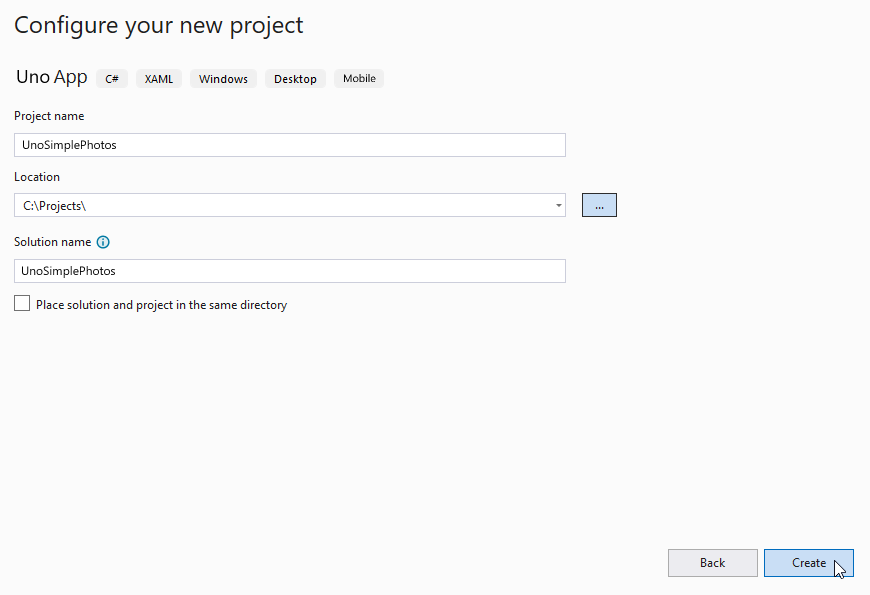 Screenshot of specifying project details for the new Uno Platform project.