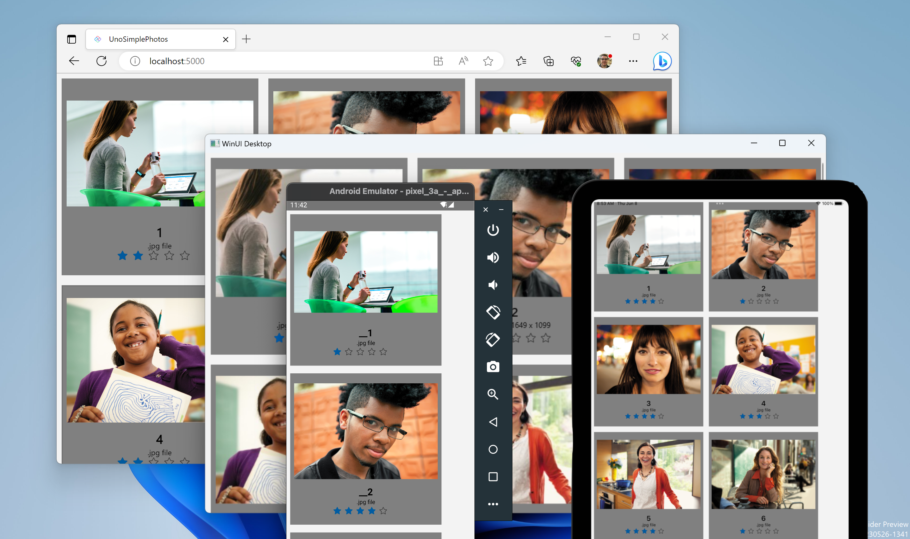 Screenshot of UnoSimplePhoto app targeting web and WinUI desktop.