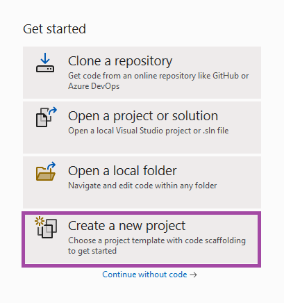 Screenshot of the create a new project dialog.
