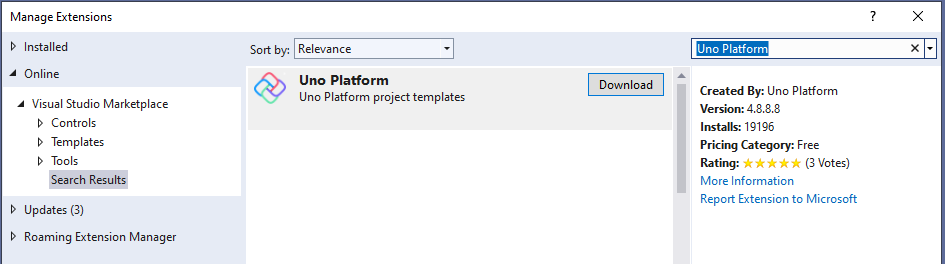 Screenshot of the manage Extensions window in Visual Studio with Uno Platform extension as a search result.