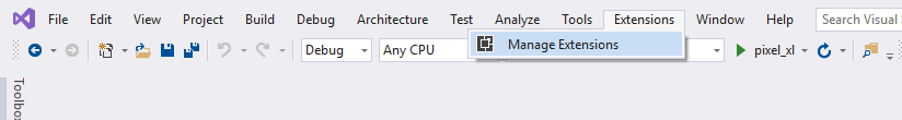 Screenshot of the Visual Studio Menu bar item that reads manage extensions.