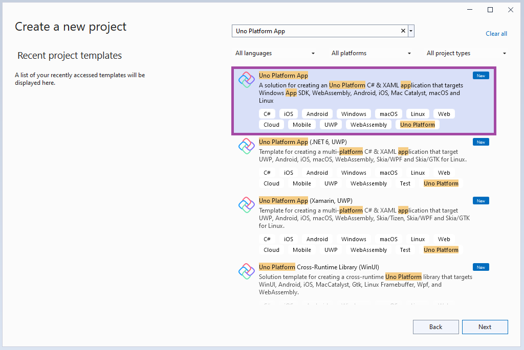 Screenshot of the create a new project dialog with Uno Platform app as the selected project type.