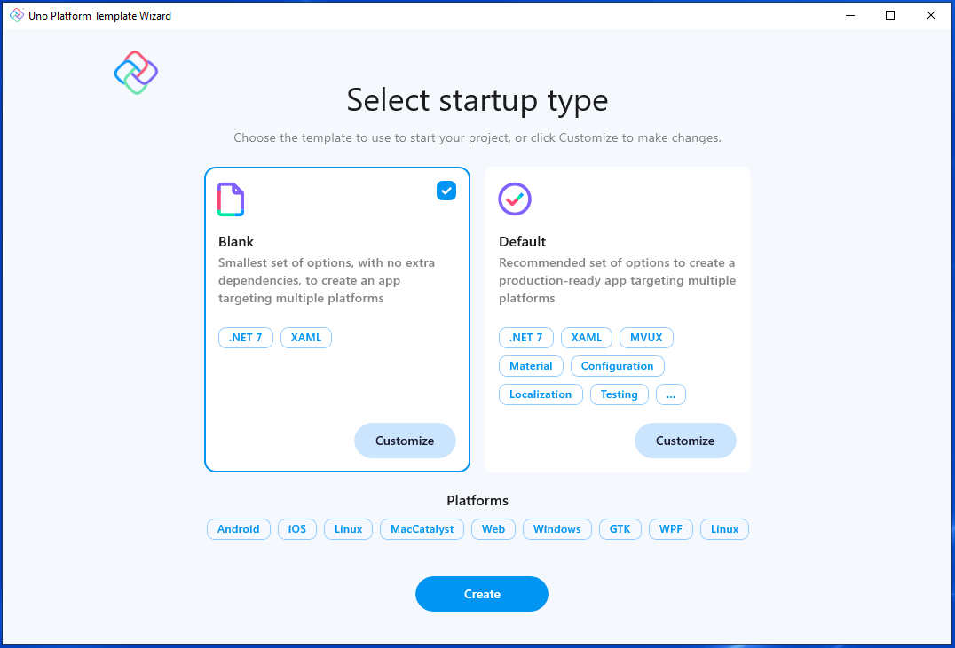 Screenshot of the Uno solution template for project startup type.