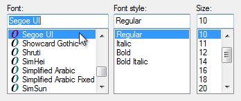 screen shot of drop-down list of font options